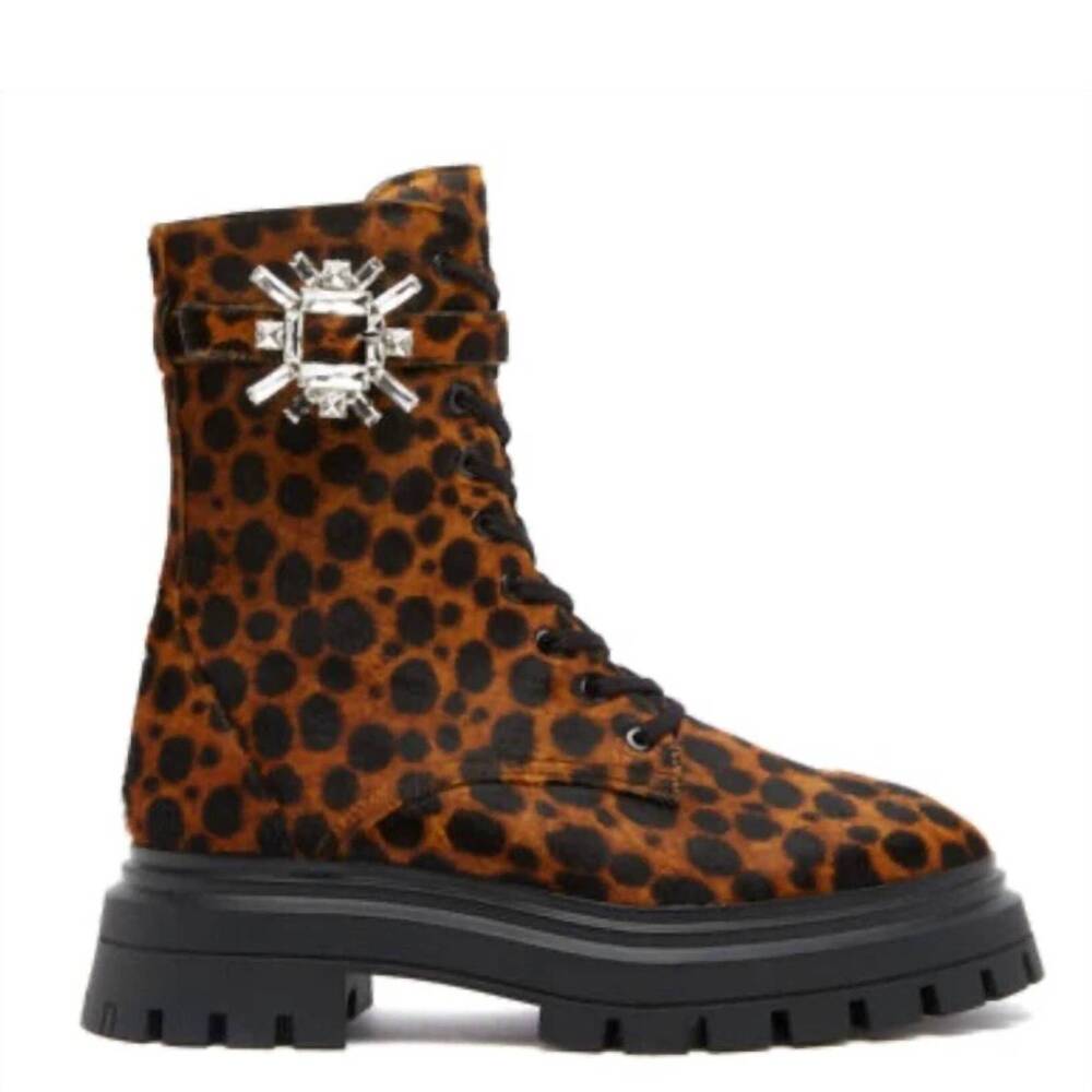 NEW STUART WEITZMAN women's crystal nova bedford leopard combat boots in toffee